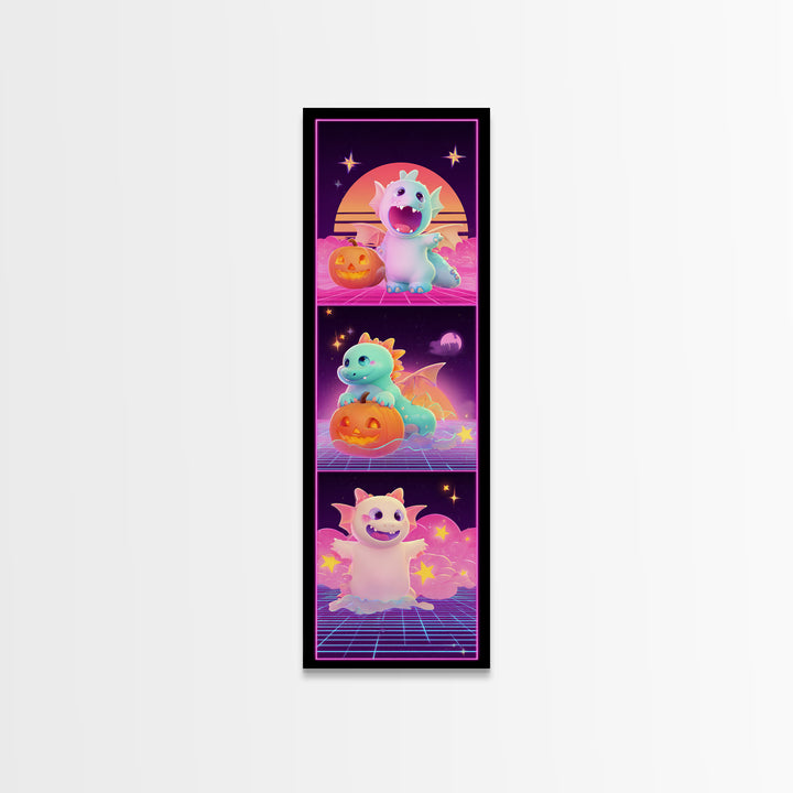 The Sleepy Costume Dragon, Synthwave Halloween Art, Tall Narrow Wall Art, Canvas Print, Retro Halloween Decor, Neon Wall Art