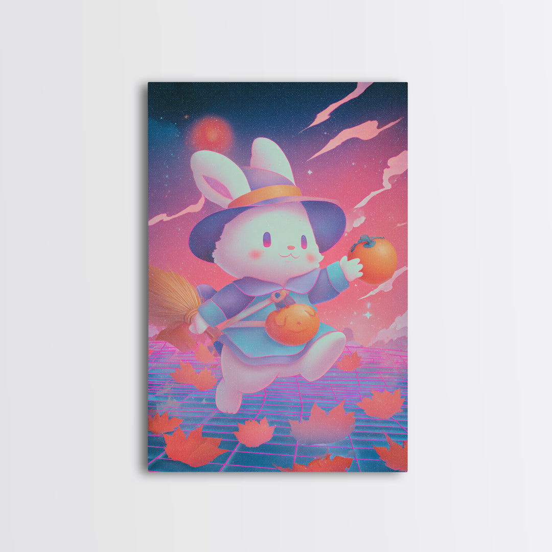 The Bunny Witch, Retro Neon Halloween Art, Vertical Wall Art, Canvas Print, Retro Halloween Decor, Neon Wall Art, Collectible Wall Decor