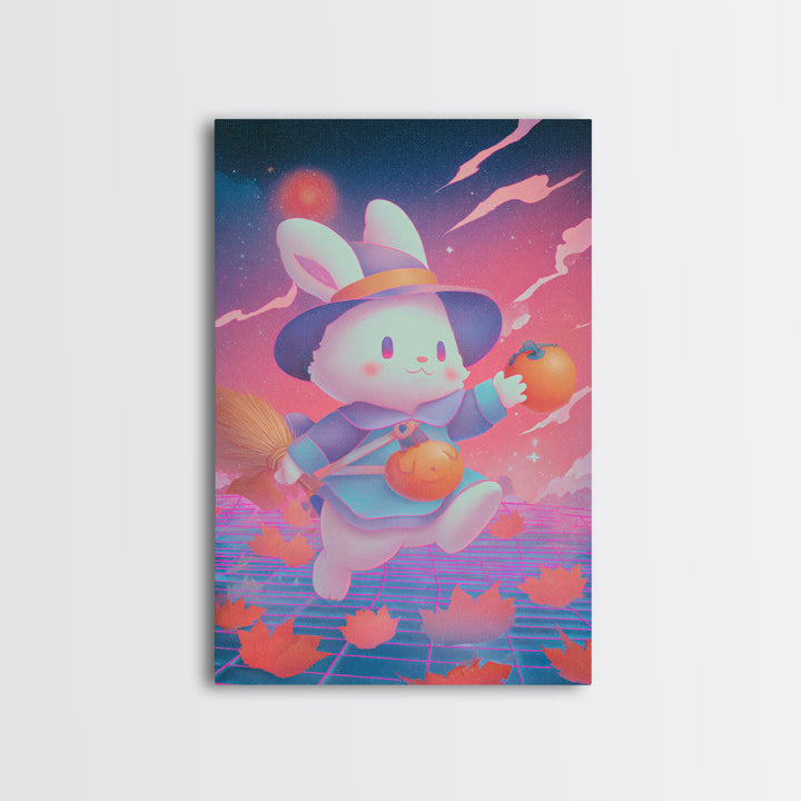 The Bunny Witch, Retro Neon Halloween Art, Vertical Wall Art, Canvas Print, Retro Halloween Decor, Neon Wall Art, Collectible Wall Decor