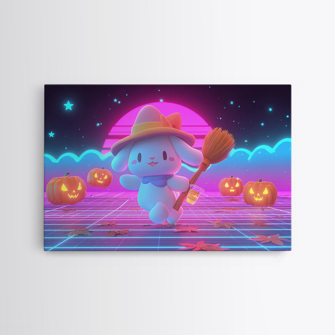 The Bunny Witch, Retro Neon Halloween Art, Landscape Wall Art, Framed Canvas Print, Retro Halloween Decor, Neon Wall Art