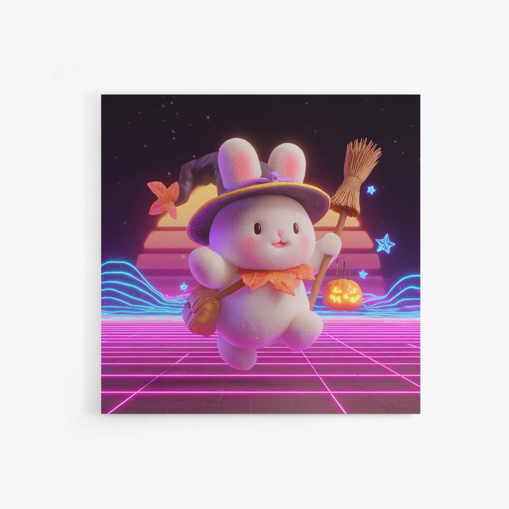 The Bunny Witch, Retro Neon Halloween Art, Square Wall Art, Framed Canvas Print, Retro Halloween Decor, Neon Wall Art