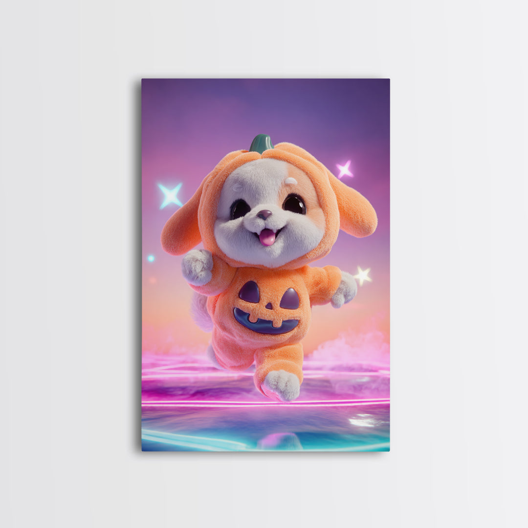 The Pumpkin Puppy, 80s Halloween Wall Art, Vertical Wall Art, Framed Canvas Print, Retro Halloween Decor, Neon Wall Art, Dark Fantasy Art
