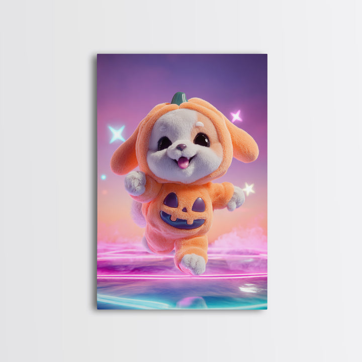 The Pumpkin Puppy, 80s Halloween Wall Art, Vertical Wall Art, Framed Canvas Print, Retro Halloween Decor, Neon Wall Art, Dark Fantasy Art