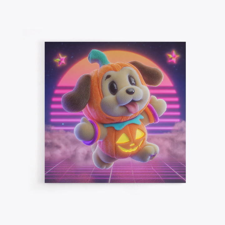 The Pumpkin Puppy, 80s Halloween Wall Art, Square Wall Art, Canvas Print, Retro Halloween Decor, Neon Wall Art, Collectible Wall Decor
