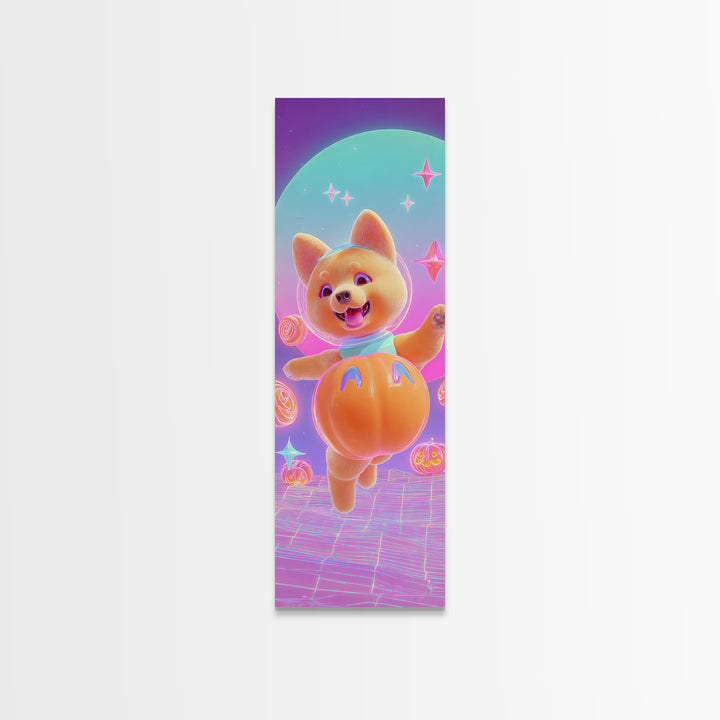 The Pumpkin Puppy, Retro Neon Halloween Art, Tall Narrow Wall Art, Canvas Print, Retro Halloween Decor, Neon Wall Art