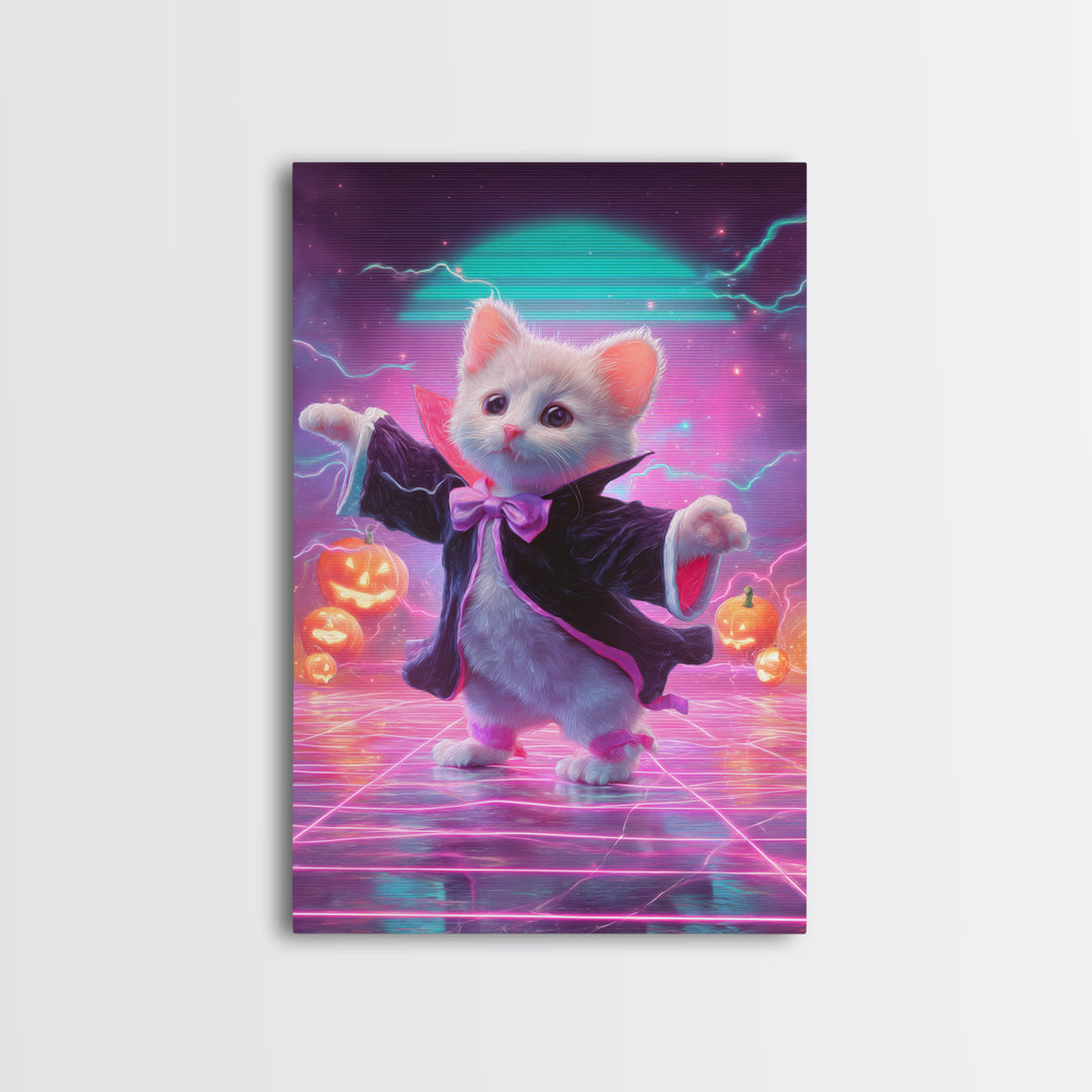 The Kitten Vampire, Cute Spooky Neon Art, Vertical Wall Art, Canvas Print, Retro Halloween Decor, Neon Wall Art, Horror Wall Art
