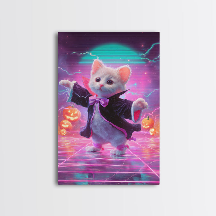 The Kitten Vampire, Cute Spooky Neon Art, Vertical Wall Art, Canvas Print, Retro Halloween Decor, Neon Wall Art, Horror Wall Art