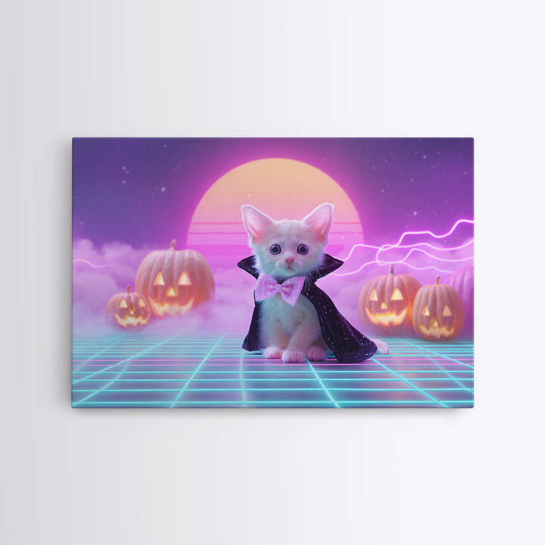 The Kitten Vampire, 80s Halloween Wall Art, Landscape Wall Art, Framed Canvas Print, Retro Halloween Decor, Neon Wall Art, Horror Wall Art