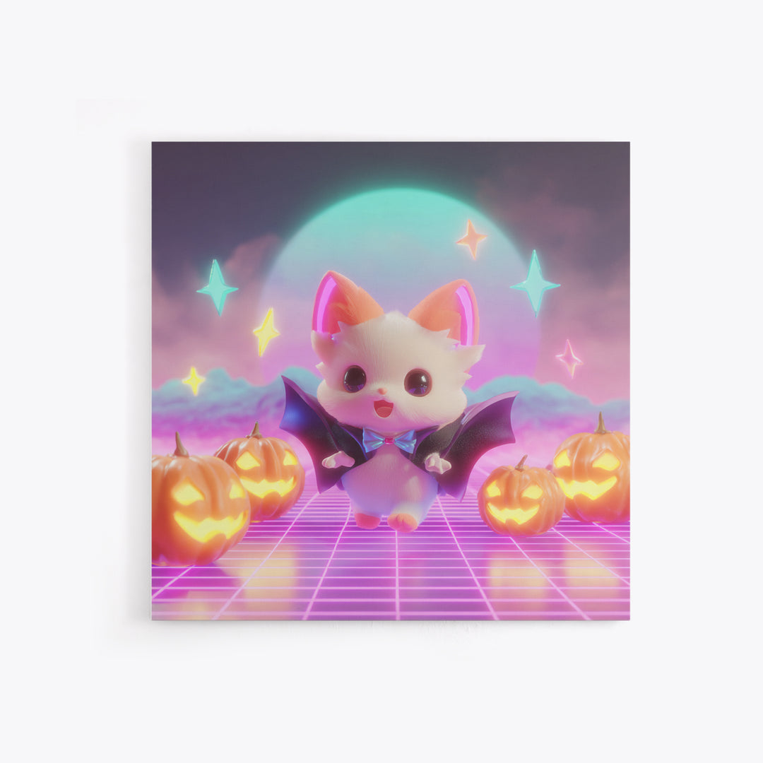 The Kitten Vampire, Vaporwave Halloween Decor, Square Wall Art, Canvas Print, Retro Halloween Decor, Neon Wall Art, Collectible Wall Decor