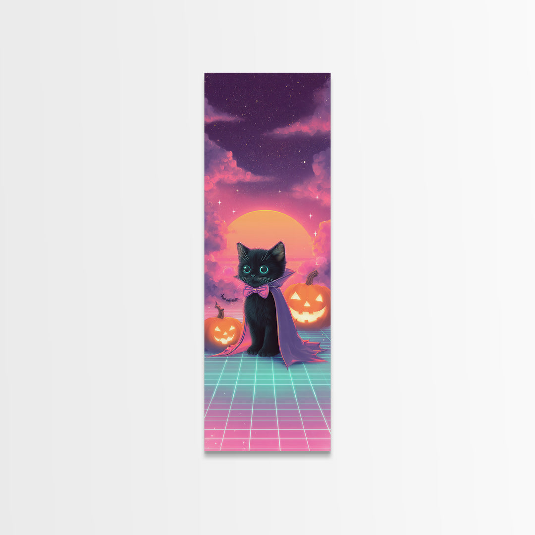 The Kitten Vampire, 80s Halloween Wall Art, Tall Narrow Wall Art, Framed Canvas Print, Retro Halloween Decor, Neon Wall Art