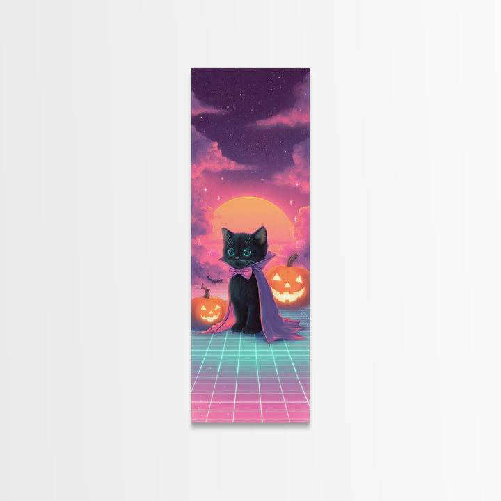 The Kitten Vampire, 80s Halloween Wall Art, Tall Narrow Wall Art, Framed Canvas Print, Retro Halloween Decor, Neon Wall Art