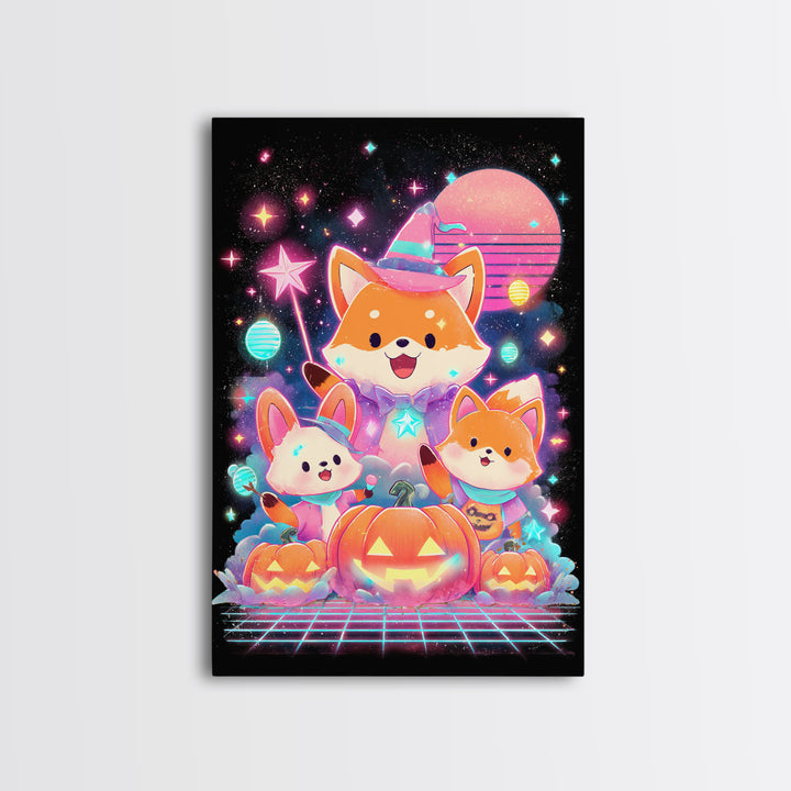 The Fox Wizard, Cute Spooky Neon Art, Vertical Wall Art, Framed Canvas Print, Retro Halloween Decor, Neon Wall Art, Horror Wall Art