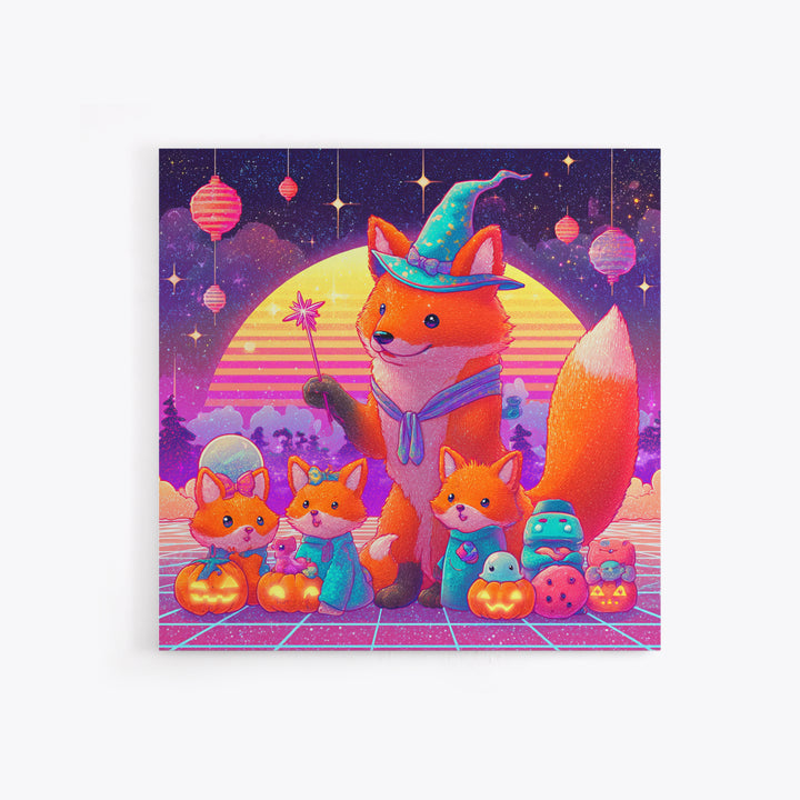 The Fox Wizard, 80s Halloween Wall Art, Square Wall Art, Framed Canvas Print, Retro Halloween Decor, Neon Wall Art, Gothic Home Decor