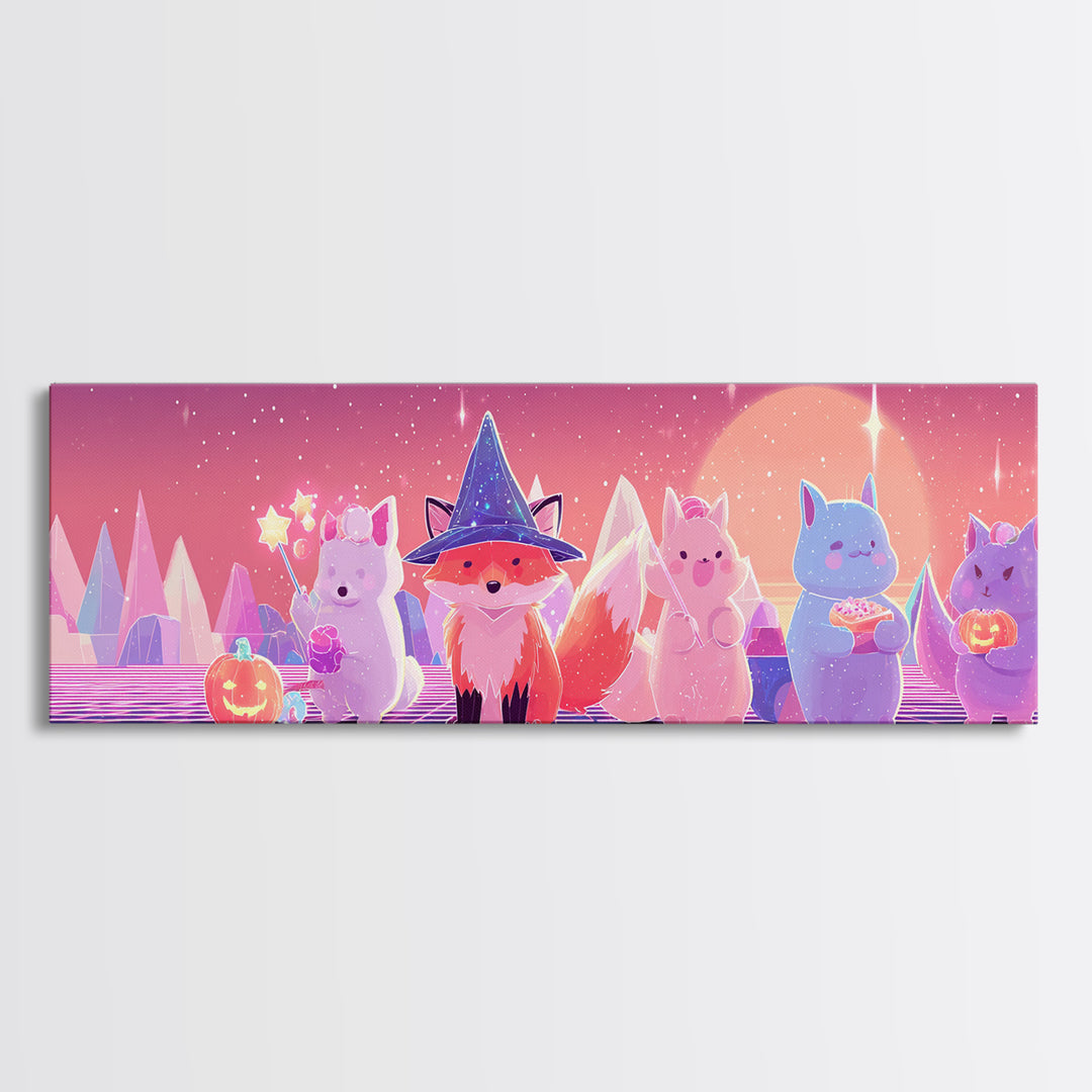The Fox Wizard, Synthwave Halloween Art, Extra Wide Wall Art, Framed Canvas Print, Retro Halloween Decor, Neon Wall Art, Gothic Home Decor