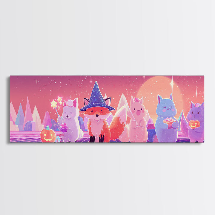 The Fox Wizard, Synthwave Halloween Art, Extra Wide Wall Art, Framed Canvas Print, Retro Halloween Decor, Neon Wall Art, Gothic Home Decor