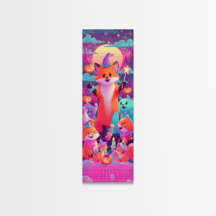 The Fox Wizard, 80s Halloween Wall Art, Tall Narrow Wall Art, Canvas Print, Retro Halloween Decor, Neon Wall Art, Dark Fantasy Art