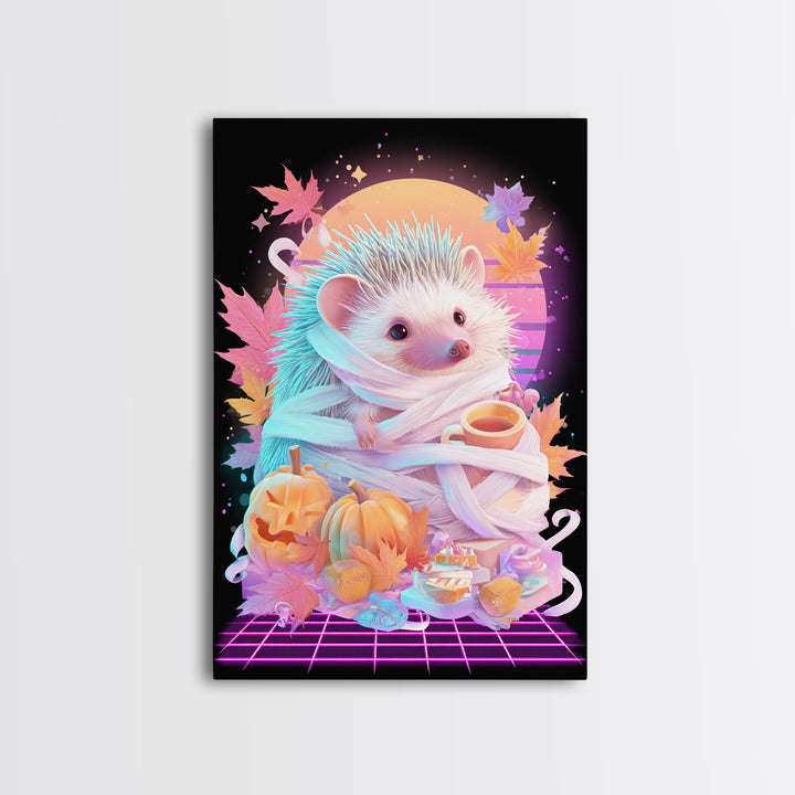 The Hedgehog Mummy, Retro Neon Halloween Art, Vertical Wall Art, Canvas Print, Retro Halloween Decor, Neon Wall Art, Macabre Wall Art