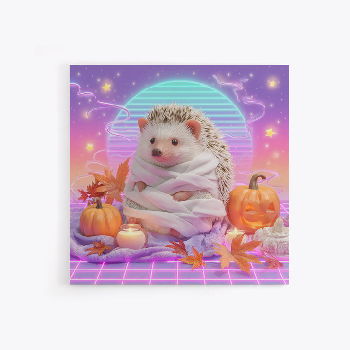 The Hedgehog Mummy, Retro Neon Halloween Art, Square Wall Art, Framed Canvas Print, Retro Halloween Decor, Neon Wall Art