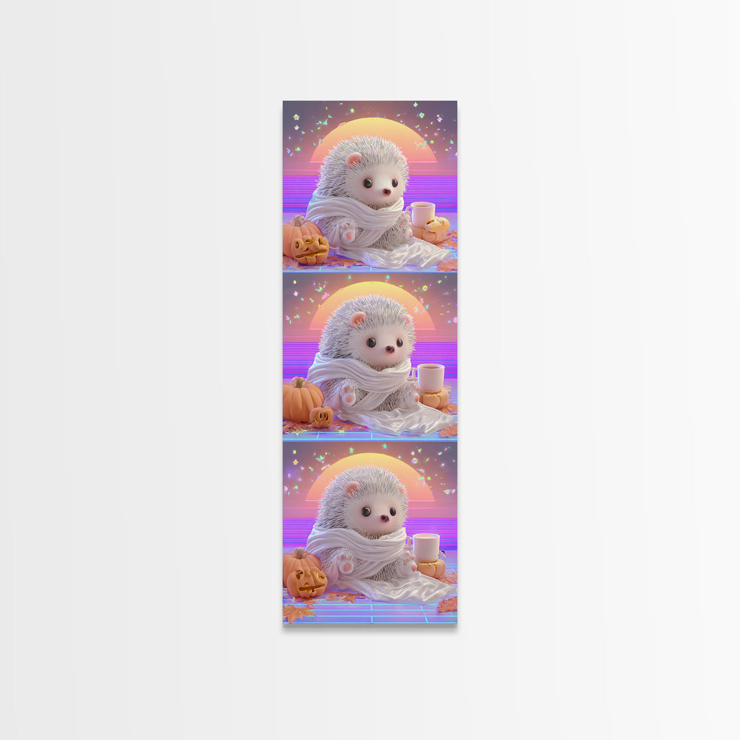 The Hedgehog Mummy, 80s Halloween Wall Art, Tall Narrow Wall Art, Framed Canvas Print, Retro Halloween Decor, Neon Wall Art