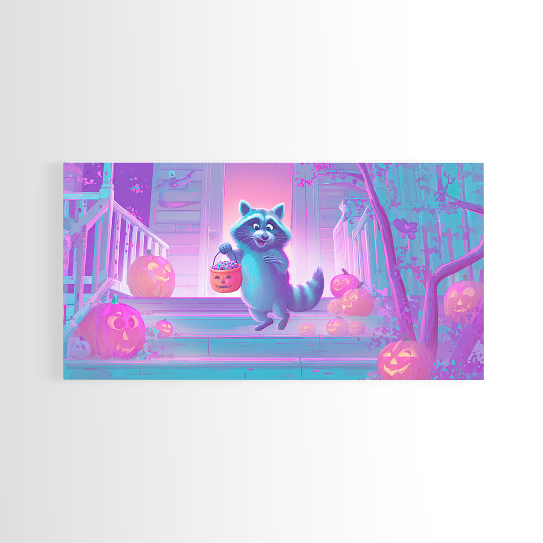 The Raccoon Trick-Or-Treater, Cute Spooky Neon Art, Wide Panoramic Art, Canvas Print, Retro Halloween Decor, Neon Wall Art
