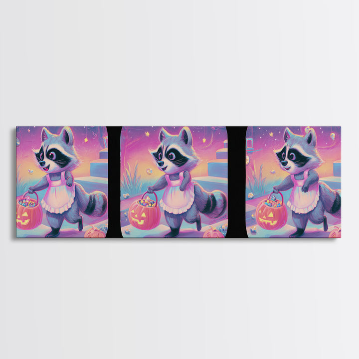 The Raccoon Trick-Or-Treater, Retro Neon Halloween Art, Extra Wide Wall Art, Framed Canvas Print, Retro Halloween Decor, Neon Wall Art