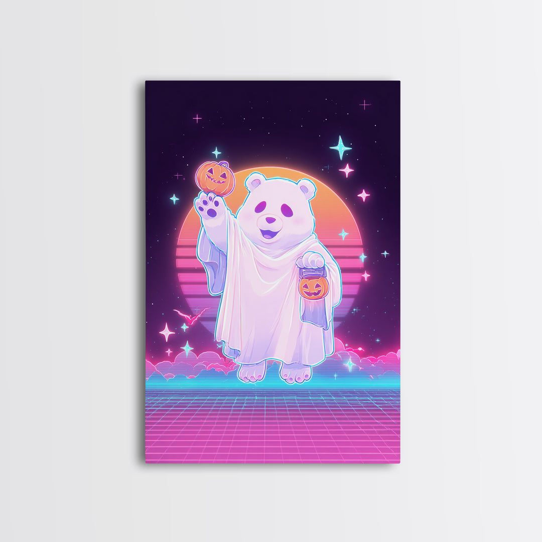 The Bear Cub Ghost, Vaporwave Halloween Decor, Vertical Wall Art, Framed Canvas Print, Retro Halloween Decor, Neon Wall Art, Horror Wall Art