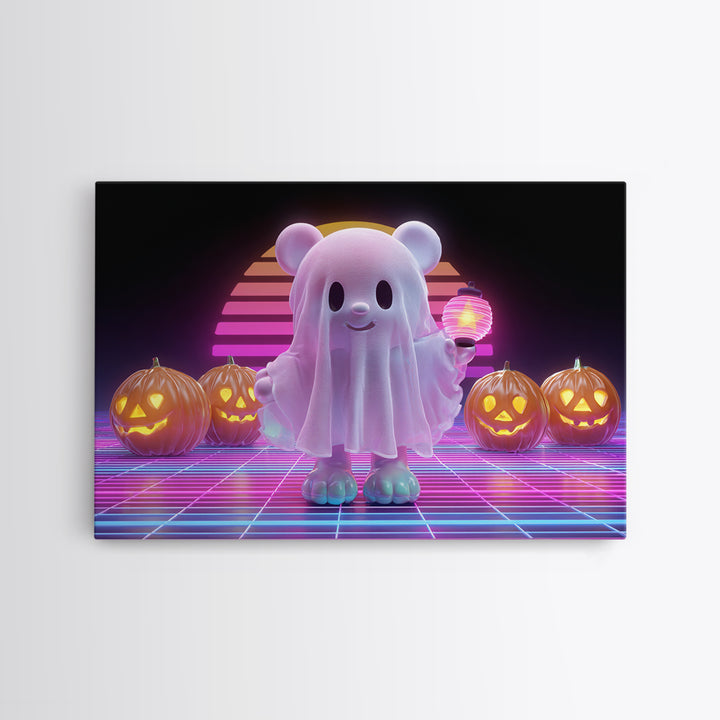 The Bear Cub Ghost, 80s Halloween Wall Art, Landscape Wall Art, Framed Canvas Print, Retro Halloween Decor, Neon Wall Art