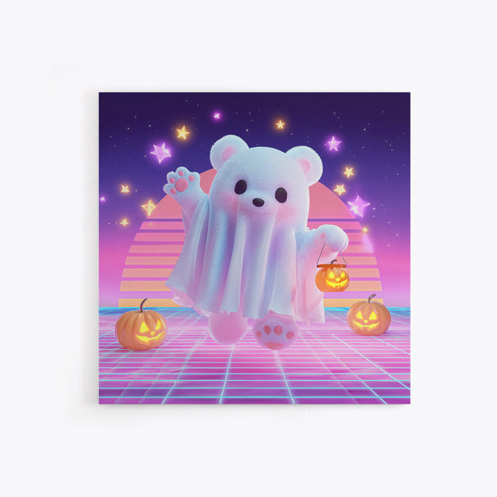 The Bear Cub Ghost, 80s Halloween Wall Art, Square Wall Art, Framed Canvas Print, Retro Halloween Decor, Neon Wall Art