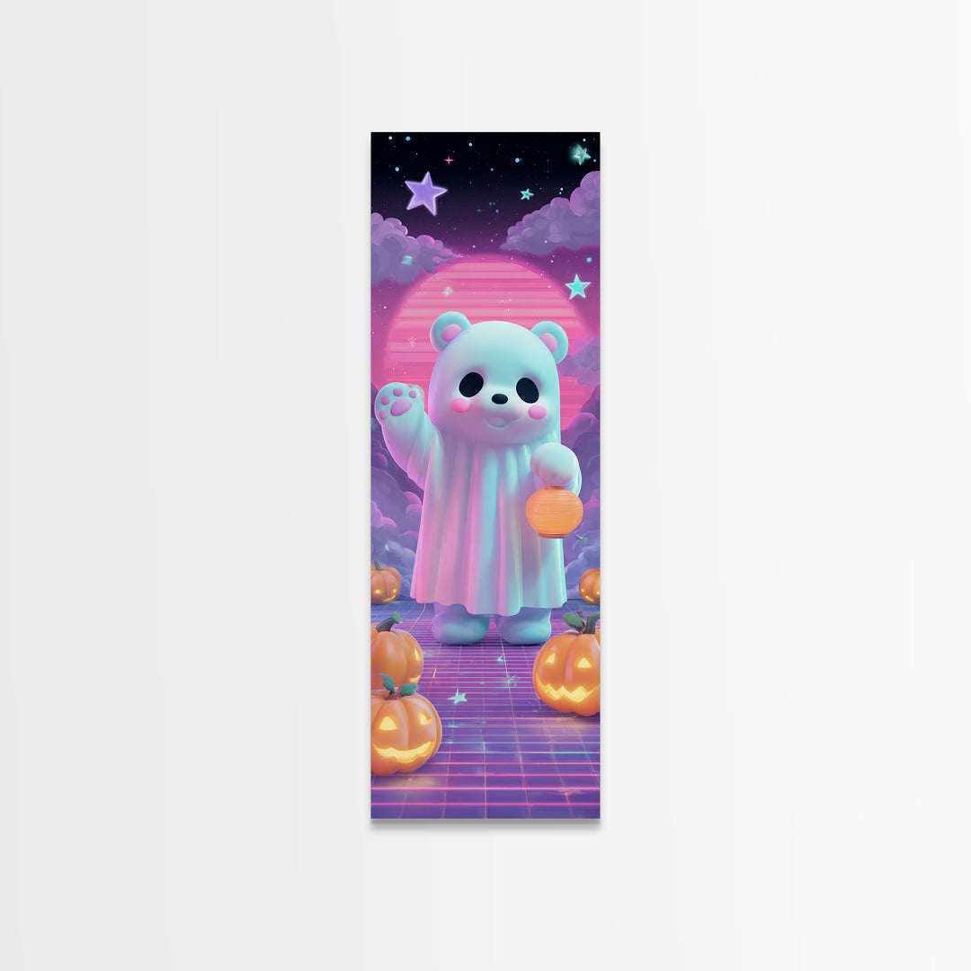 The Bear Cub Ghost, 80s Halloween Wall Art, Tall Narrow Wall Art, Canvas Print, Retro Halloween Decor, Neon Wall Art, Seasonal Home Decor