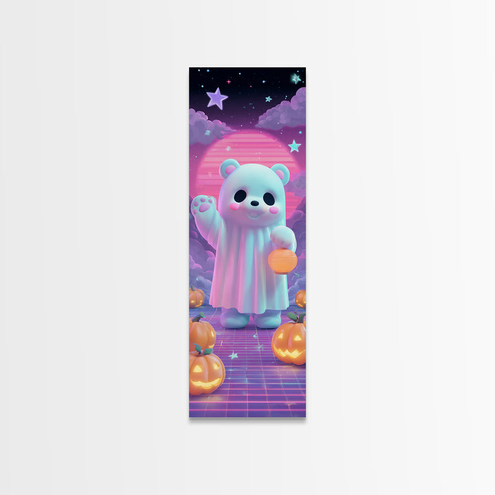 The Bear Cub Ghost, 80s Halloween Wall Art, Tall Narrow Wall Art, Canvas Print, Retro Halloween Decor, Neon Wall Art, Seasonal Home Decor