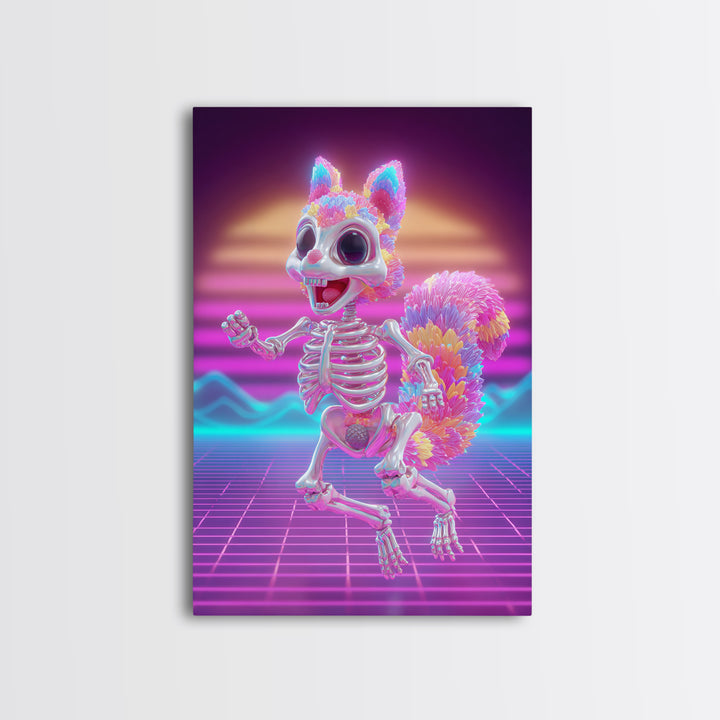 The Squirrel Skeleton, Vaporwave Halloween Decor, Vertical Wall Art, Canvas Print, Retro Halloween Decor, Neon Wall Art
