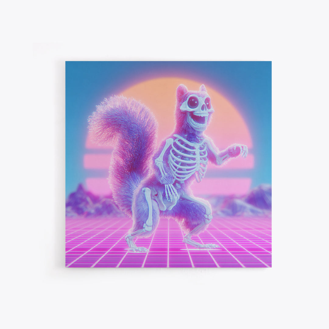 The Squirrel Skeleton, Cute Spooky Neon Art, Square Wall Art, Canvas Print, Retro Halloween Decor, Neon Wall Art, Spooky Wall Decor