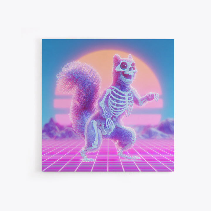 The Squirrel Skeleton, Cute Spooky Neon Art, Square Wall Art, Canvas Print, Retro Halloween Decor, Neon Wall Art, Spooky Wall Decor