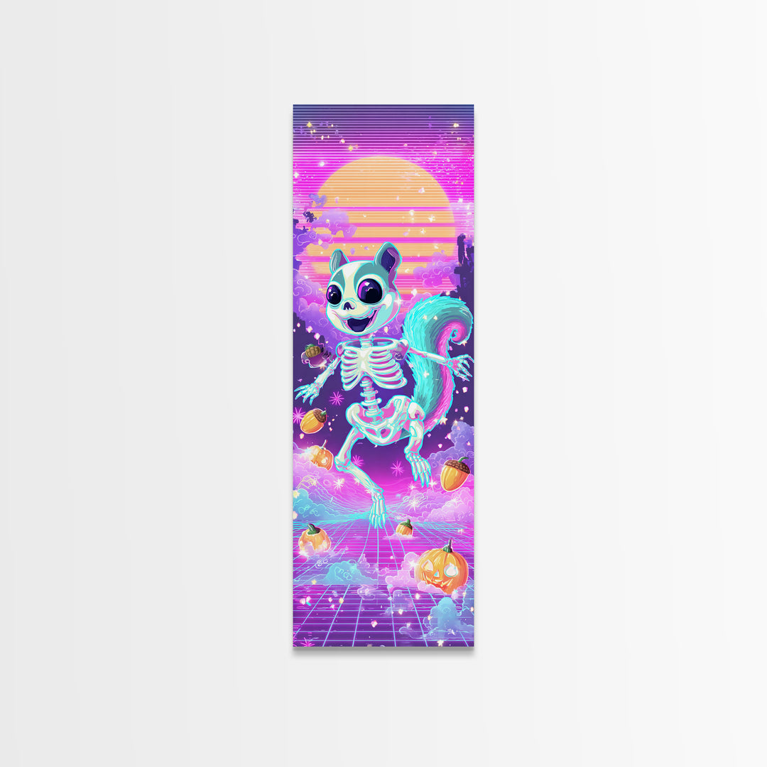 The Squirrel Skeleton, Synthwave Halloween Art, Tall Narrow Wall Art, Framed Canvas Print, Retro Halloween Decor, Neon Wall Art