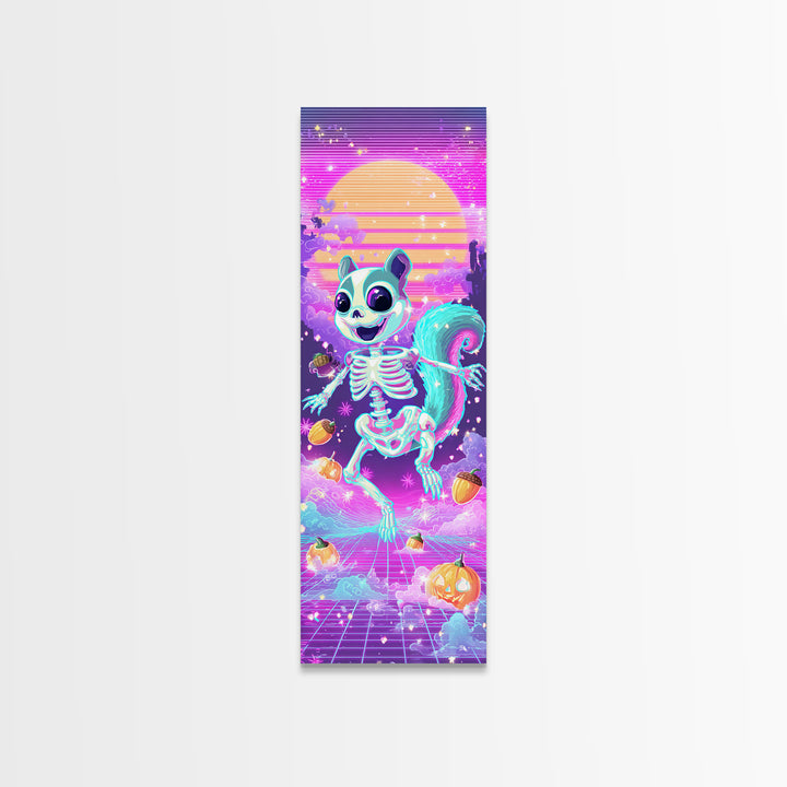 The Squirrel Skeleton, Synthwave Halloween Art, Tall Narrow Wall Art, Framed Canvas Print, Retro Halloween Decor, Neon Wall Art