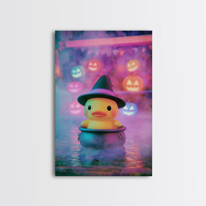 The Duckling Witch, Cute Spooky Neon Art, Vertical Wall Art, Canvas Print, Retro Halloween Decor, Neon Wall Art, Gothic Home Decor