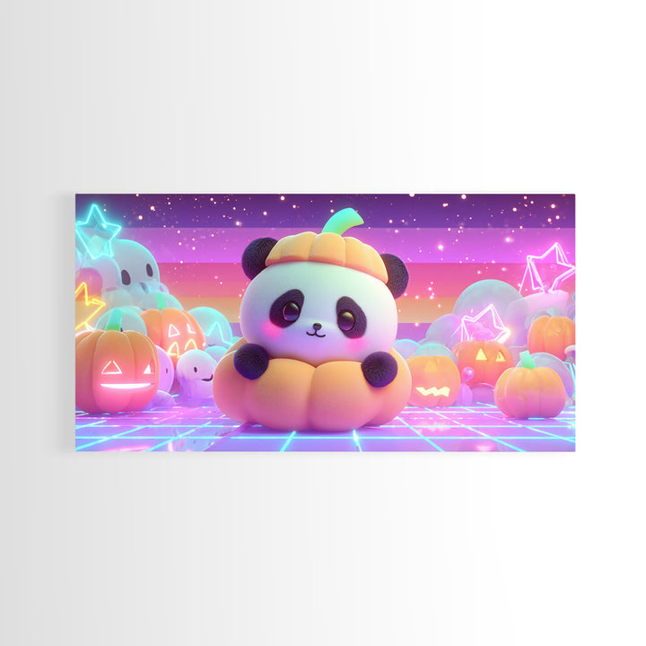 The Panda Pumpkin, 80s Halloween Wall Art, Wide Panoramic Art, Framed Canvas Print, Retro Halloween Decor, Neon Wall Art, Dark Fantasy Art