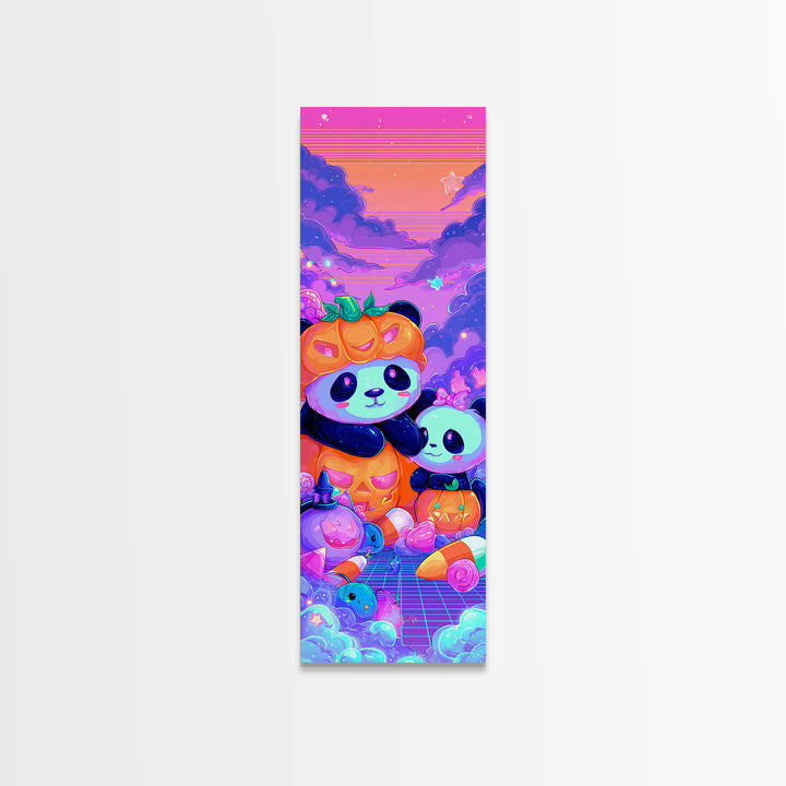 The Panda Pumpkin, 80s Halloween Wall Art, Tall Narrow Wall Art, Framed Canvas Print, Retro Halloween Decor, Neon Wall Art