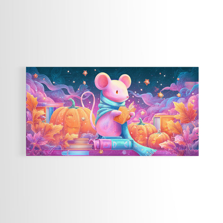 The Magician Mouse, 80s Halloween Wall Art, Wide Panoramic Art, Canvas Print, Retro Halloween Decor, Neon Wall Art, Dark Fantasy Art
