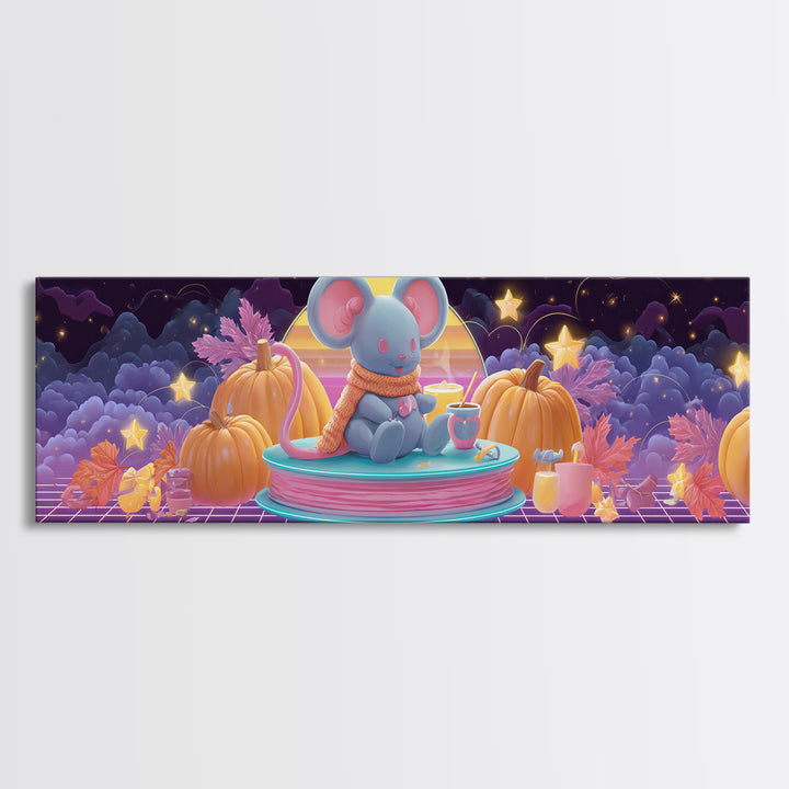 The Magician Mouse, Cute Spooky Neon Art, Extra Wide Wall Art, Canvas Print, Retro Halloween Decor, Neon Wall Art, Gothic Home Decor