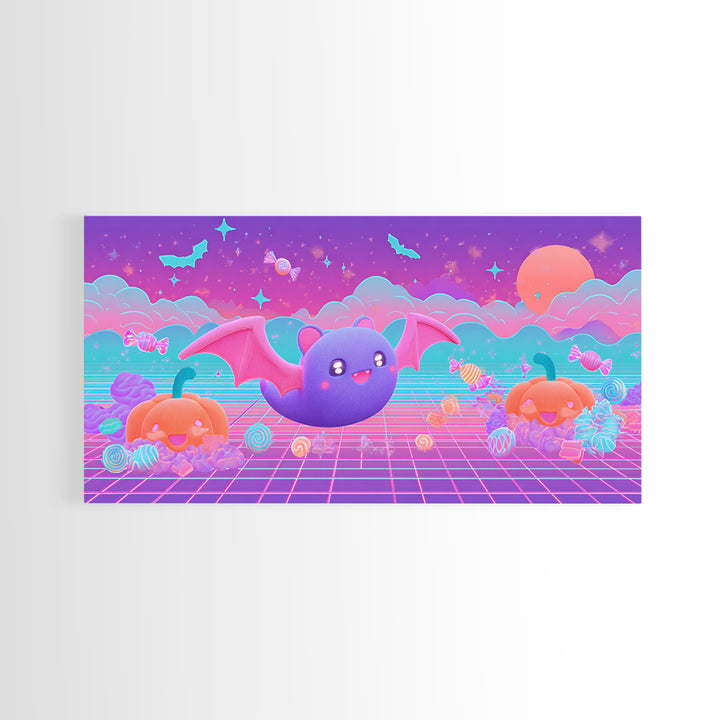 The Bat-Winged Otter, 80s Halloween Wall Art, Wide Panoramic Art, Framed Canvas Print, Retro Halloween Decor, Neon Wall Art