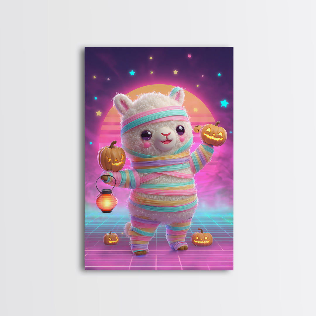 The Llama Mummy, Cute Spooky Neon Art, Vertical Wall Art, Framed Canvas Print, Retro Halloween Decor, Neon Wall Art, Macabre Wall Art
