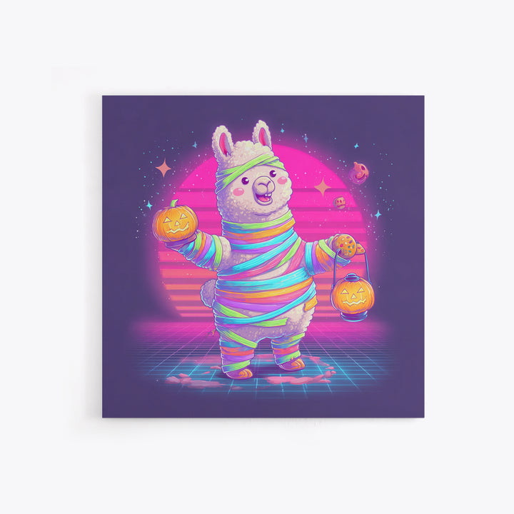 The Llama Mummy, Synthwave Halloween Art, Square Wall Art, Framed Canvas Print, Retro Halloween Decor, Neon Wall Art, Collectible Wall Decor