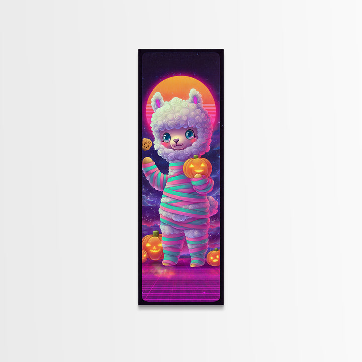 The Llama Mummy, Cute Spooky Neon Art, Tall Narrow Wall Art, Framed Canvas Print, Retro Halloween Decor, Neon Wall Art, Dark Fantasy Art