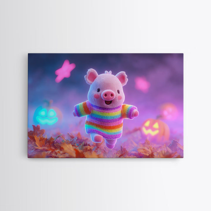 The Candy Corn Piglet, Cute Spooky Neon Art, Landscape Wall Art, Framed Canvas Print, Retro Halloween Decor, Neon Wall Art