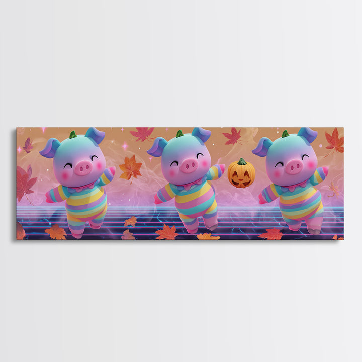 The Candy Corn Piglet, Synthwave Halloween Art, Extra Wide Wall Art, Framed Canvas Print, Retro Halloween Decor, Neon Wall Art