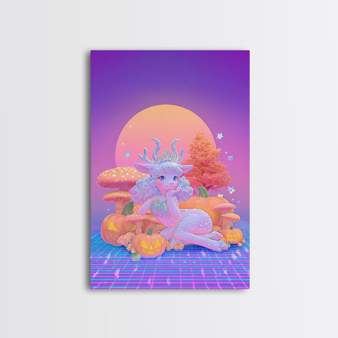 The Moon Princess Deer, Synthwave Halloween Art, Vertical Wall Art, Framed Canvas Print, Retro Halloween Decor, Neon Wall Art