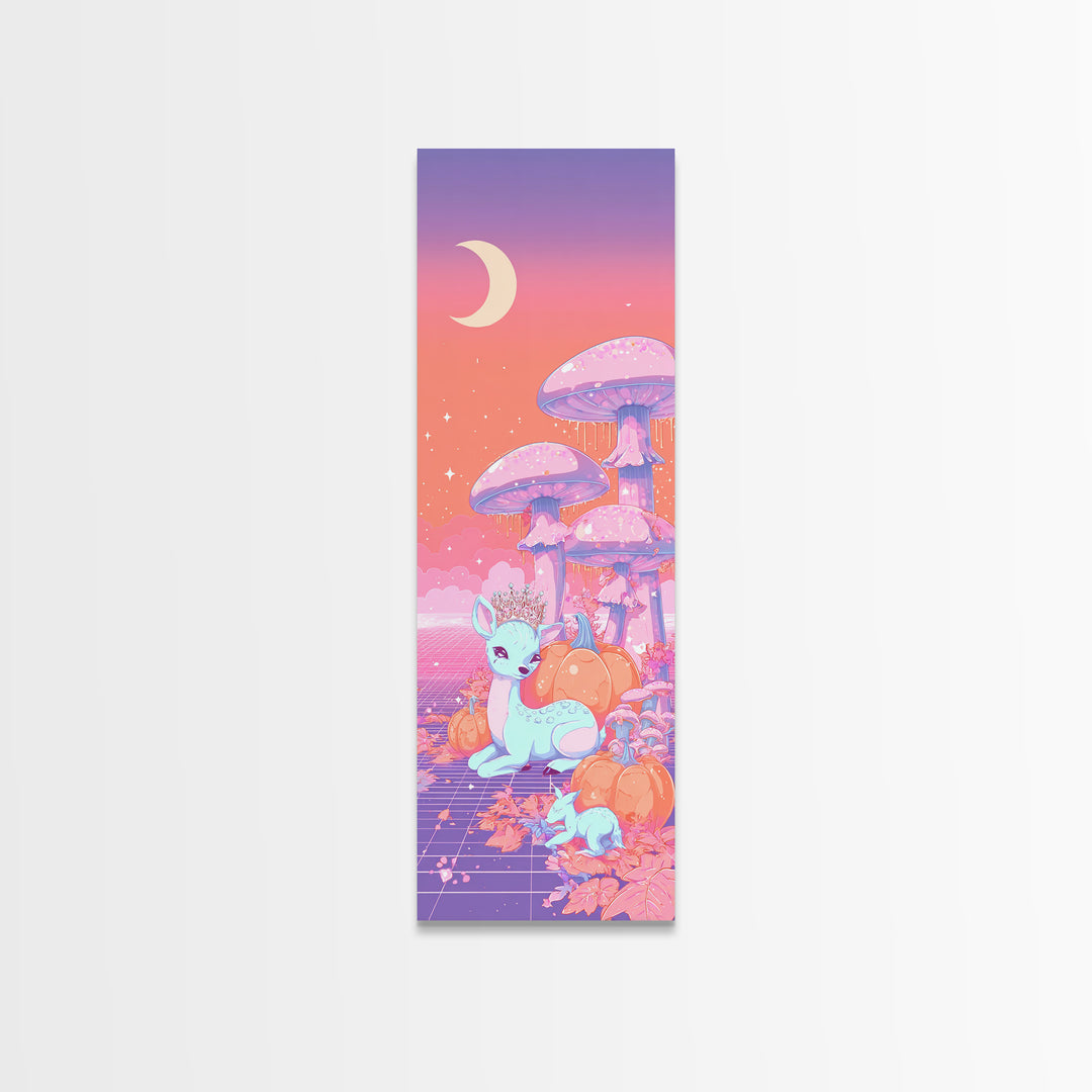 The Moon Princess Deer, Cute Spooky Neon Art, Tall Narrow Wall Art, Canvas Print, Retro Halloween Decor, Neon Wall Art, Spooky Wall Decor