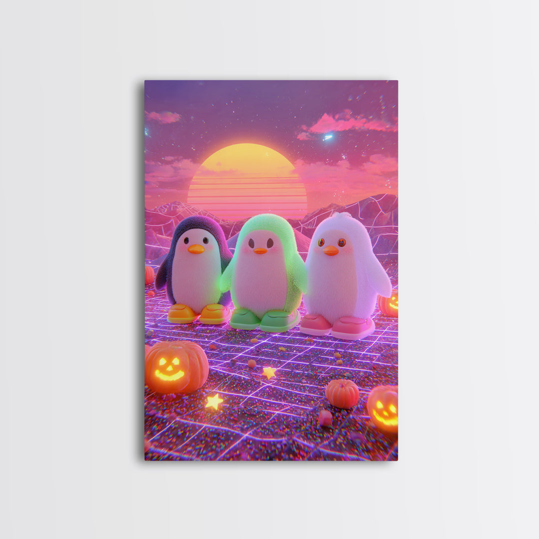 The Penguin Monster, Cute Spooky Neon Art, Vertical Wall Art, Framed Canvas Print, Retro Halloween Decor, Neon Wall Art, Gothic Home Decor
