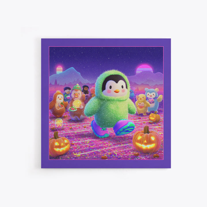 The Penguin Monster, Vaporwave Halloween Decor, Square Wall Art, Canvas Print, Retro Halloween Decor, Neon Wall Art, Gothic Home Decor